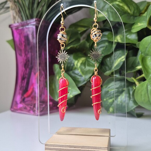 Wire Wrapped Red Vein Agate / Dalmatian Jasper Earrings - Picture 3 of 5
